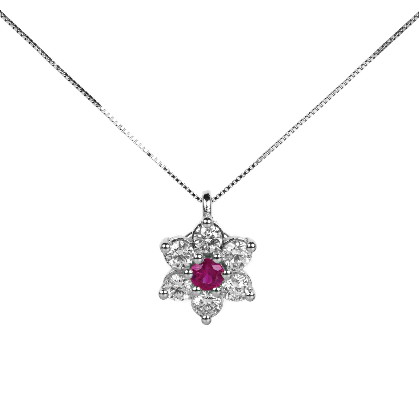 Collana con margherita in oro bianco 750 rubino taglio rotondo e diamanti taglio rotondo