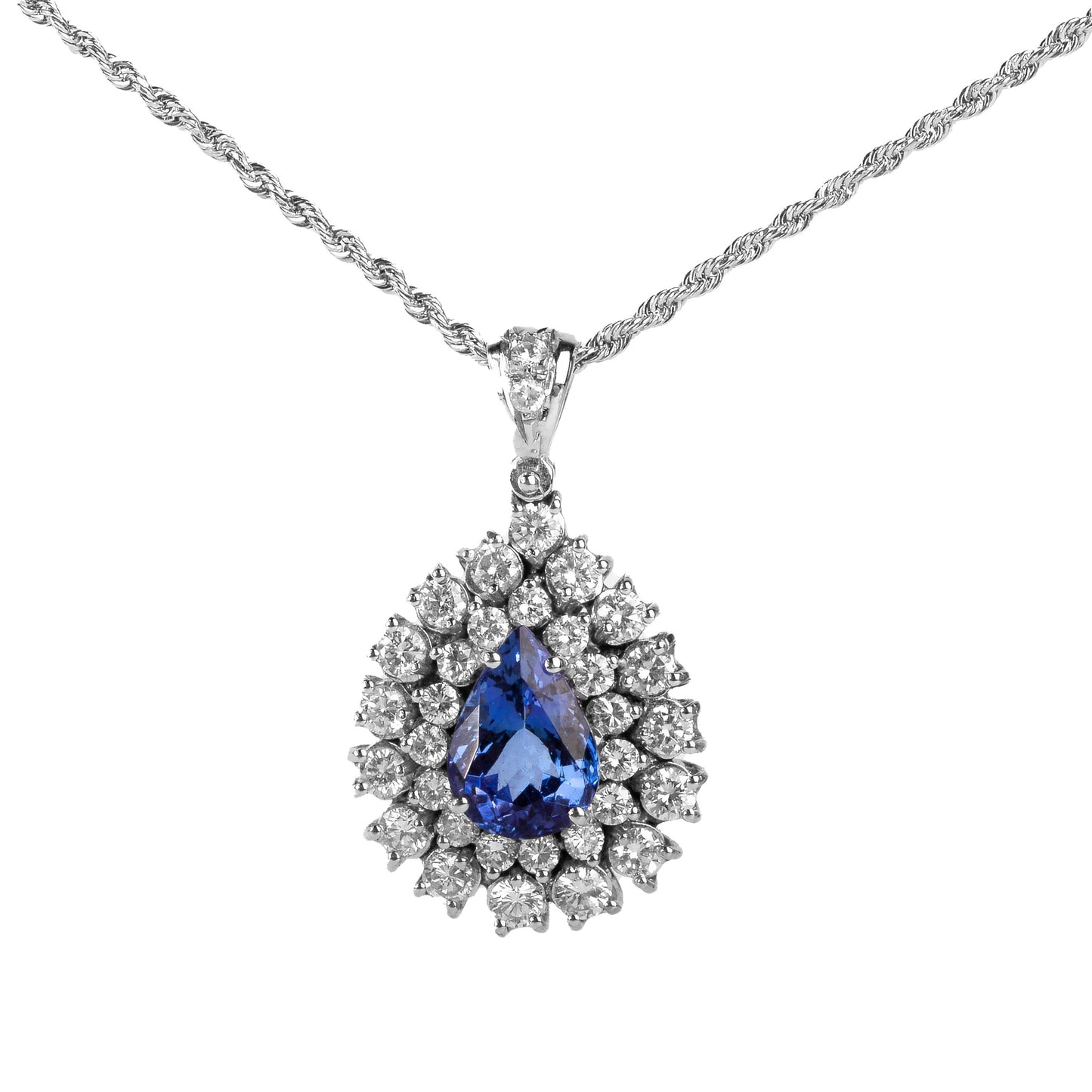 Collana con pandantif a goccia in oro bianco 750 tanzanite naturale taglio goccia e diamanti taglio rotondo
