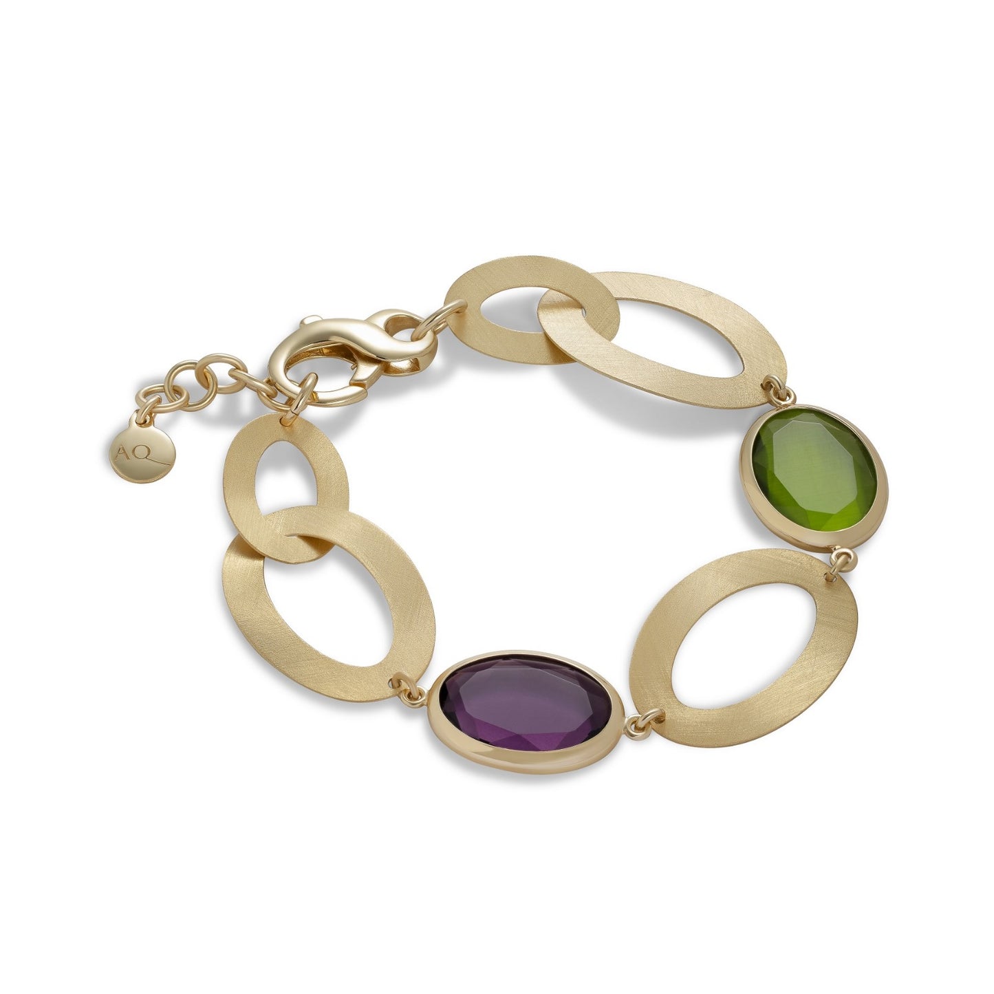 Bracciale in argento 925 dorato e sabbiato con pietra verde e pietra viola